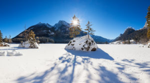Idyllic winter landscape in the mountains, the Hintersee in the Ramsau Idyllic winter landscape in the mountains, the Hintersee in the Ramsau